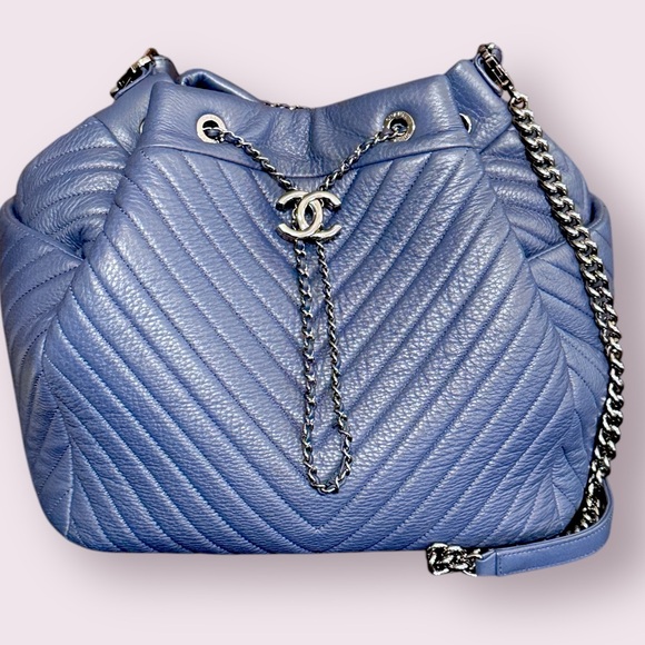 CHANEL Handbags - Elegant Blue Chevron Shoulder Bag